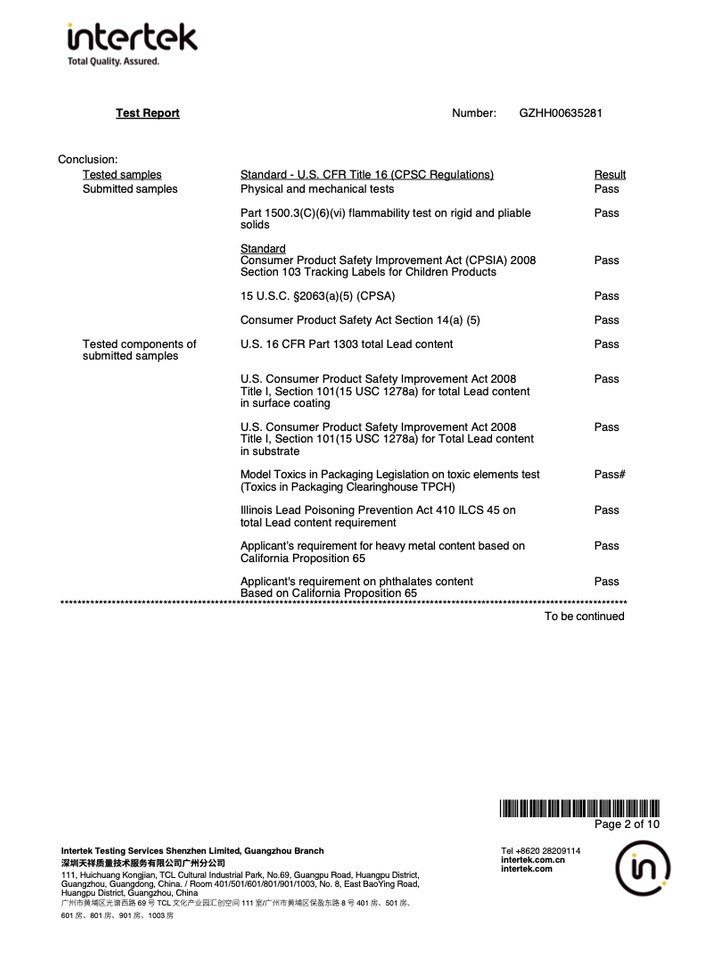 CPSIA Intertek test report for children’s products