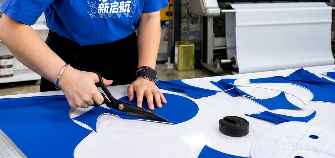 Huatop sample development worker cutting material pieces from product patterns