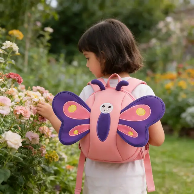 Child wearing custom butterfly neoprene backpack