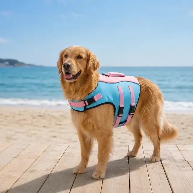Dog wearing custom neoprene pet life jacket