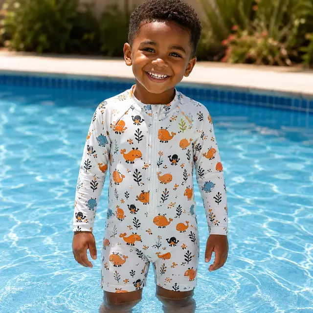 Child wearing custom rash guard in pool